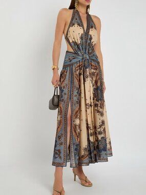 Zimmermann Ascension Plunge Halter Printed Cotton Maxi Dress Multi Floral